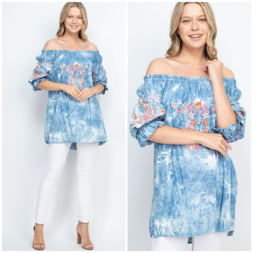 LAST ONE❗MONORENO Tencel Tie-Dye Embroidered Tunic Top - Picture 1 of 9